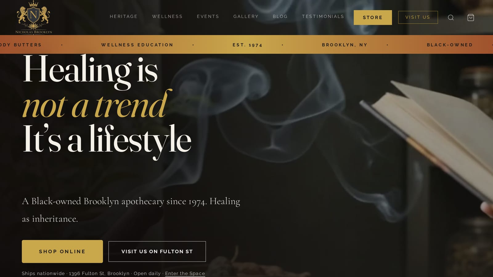 The Nicholas Brooklyn homepage: "Healing is not a trend. It’s a lifestyle", with buttons to shop online or visit the store on Fulton Street.