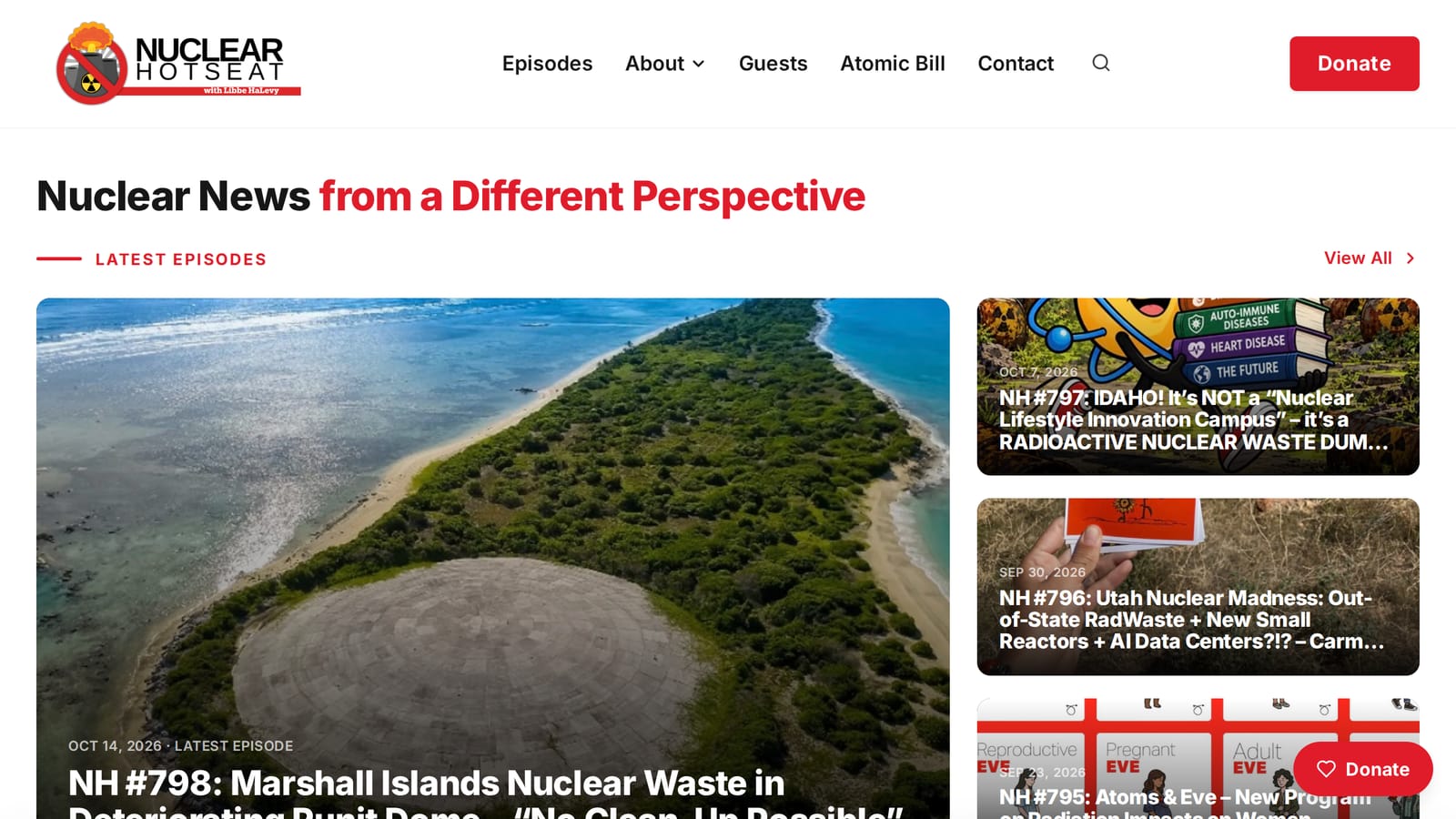 The Nuclear Hotseat homepage: the show logo, a menu, and the latest episodes.